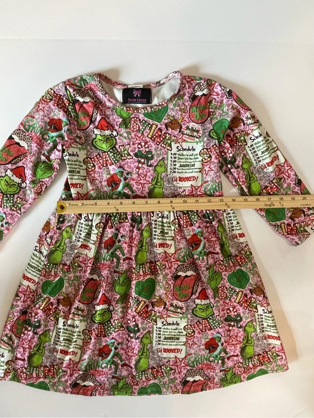 Bowtism Girls Pink Grinchmas Christmas Twirl Dress Long Sleeve Size 7